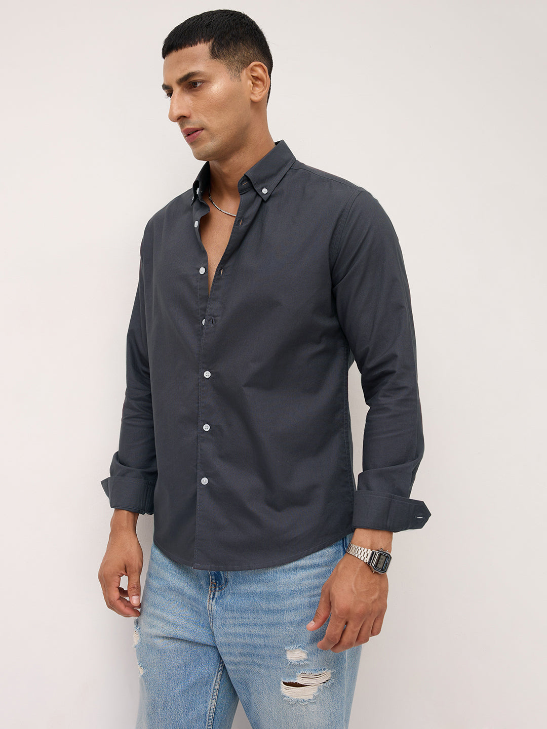 Elegant Grey Button-Down Collar Oxford Shirt