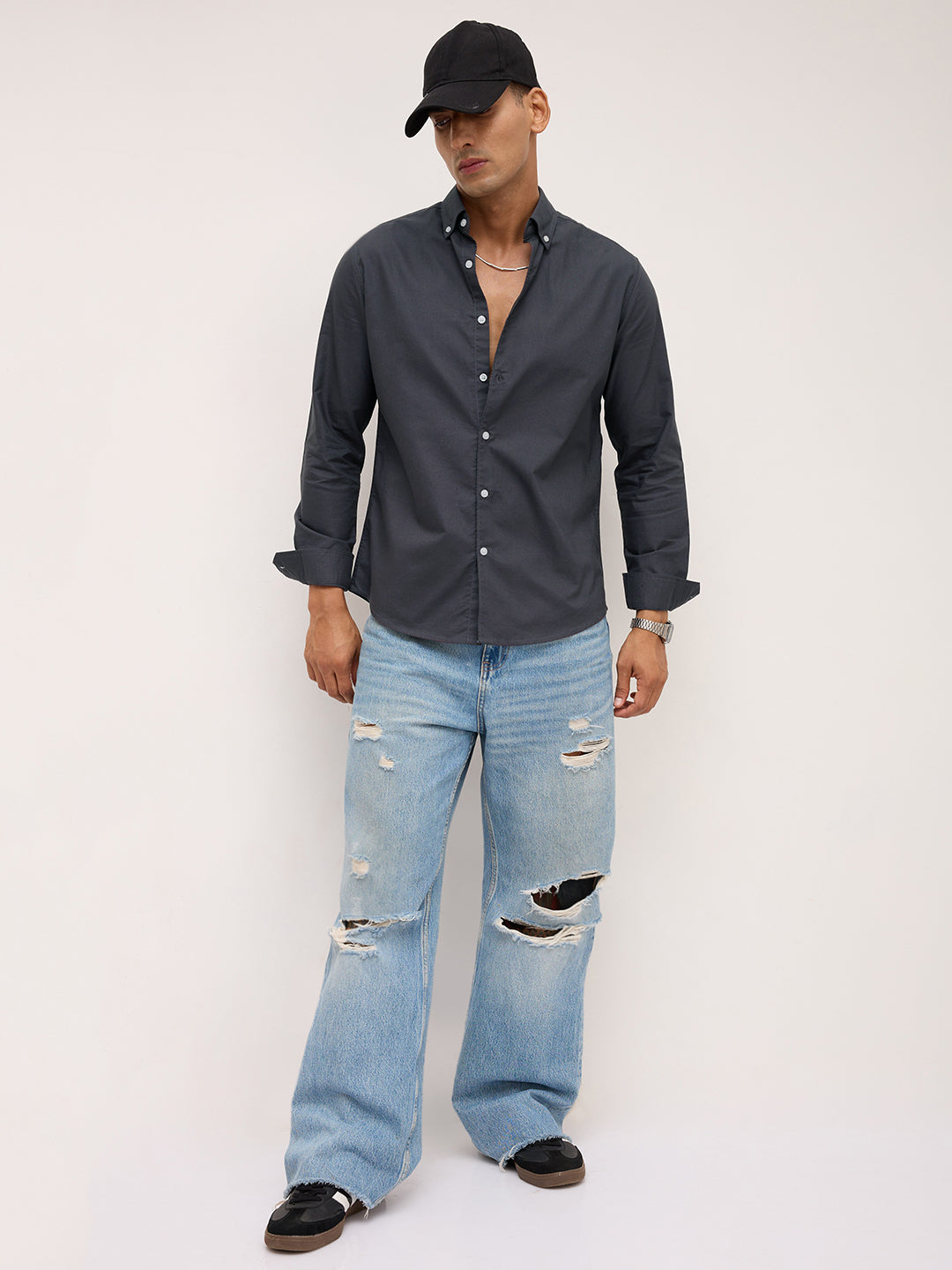 Elegant Grey Button-Down Collar Oxford Shirt