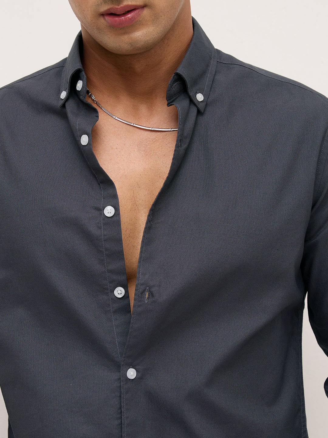 Elegant Grey Button-Down Collar Oxford Shirt