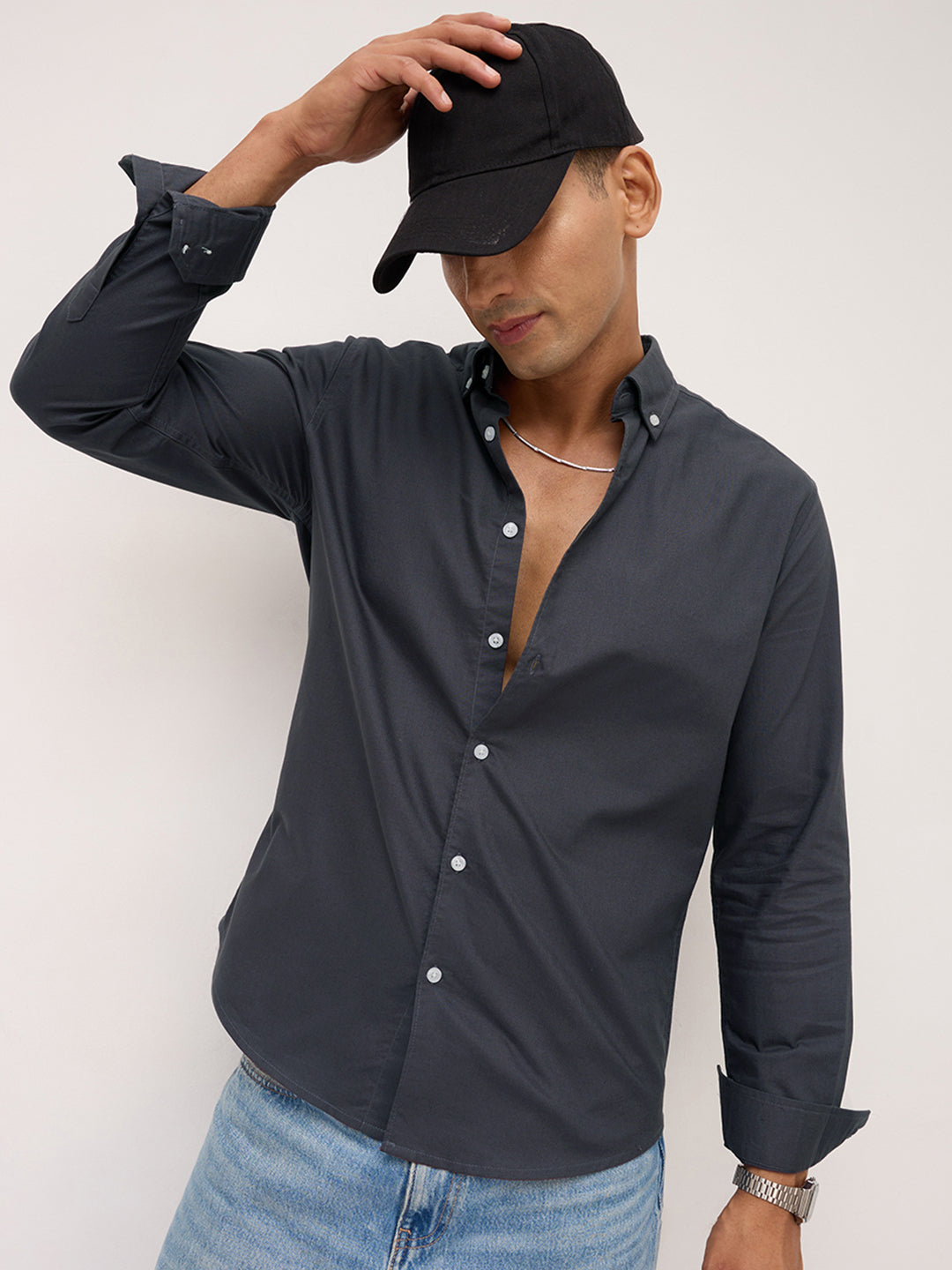 Elegant Grey Button-Down Collar Oxford Shirt