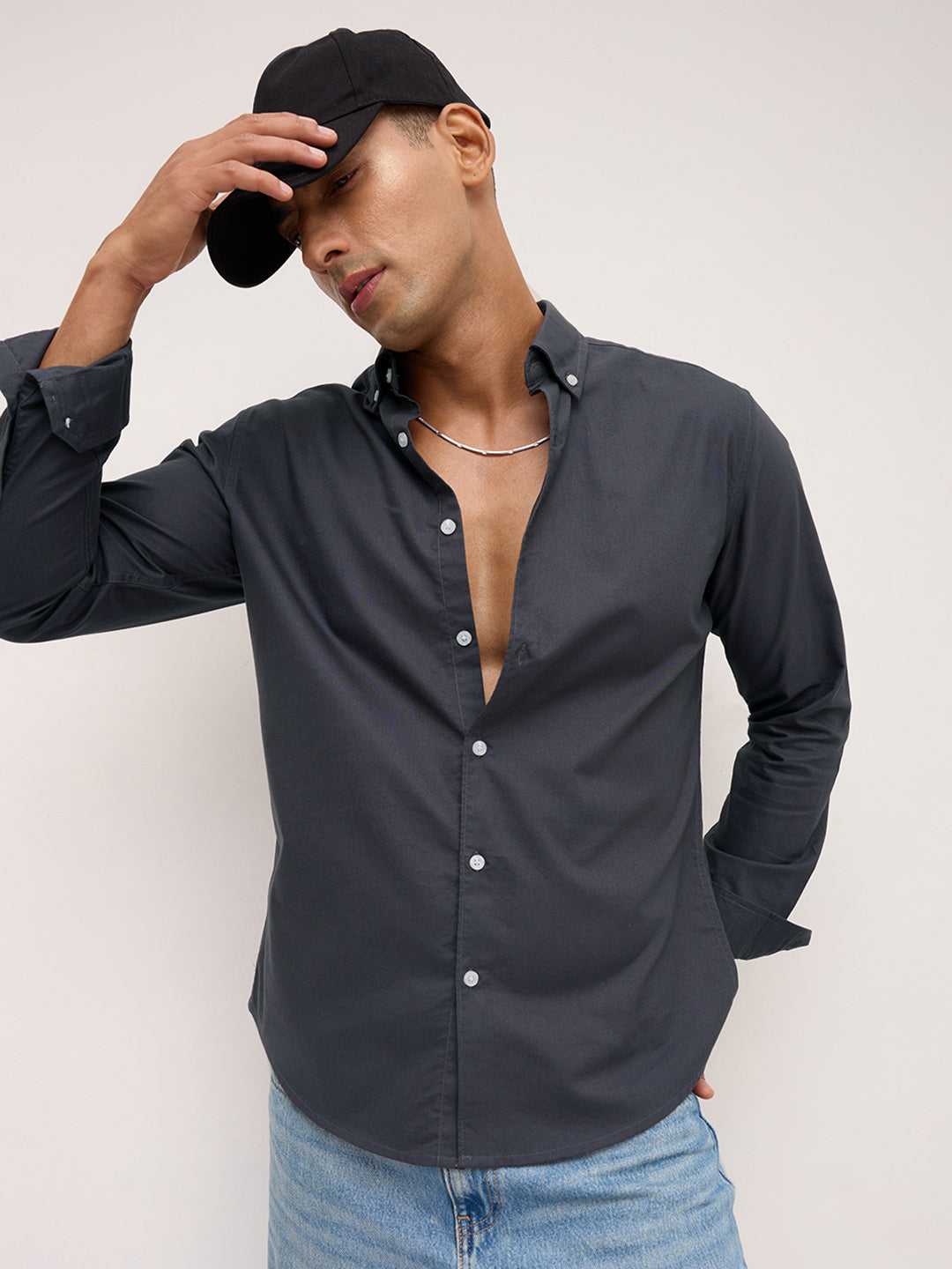 Elegant Grey Button-Down Collar Oxford Shirt