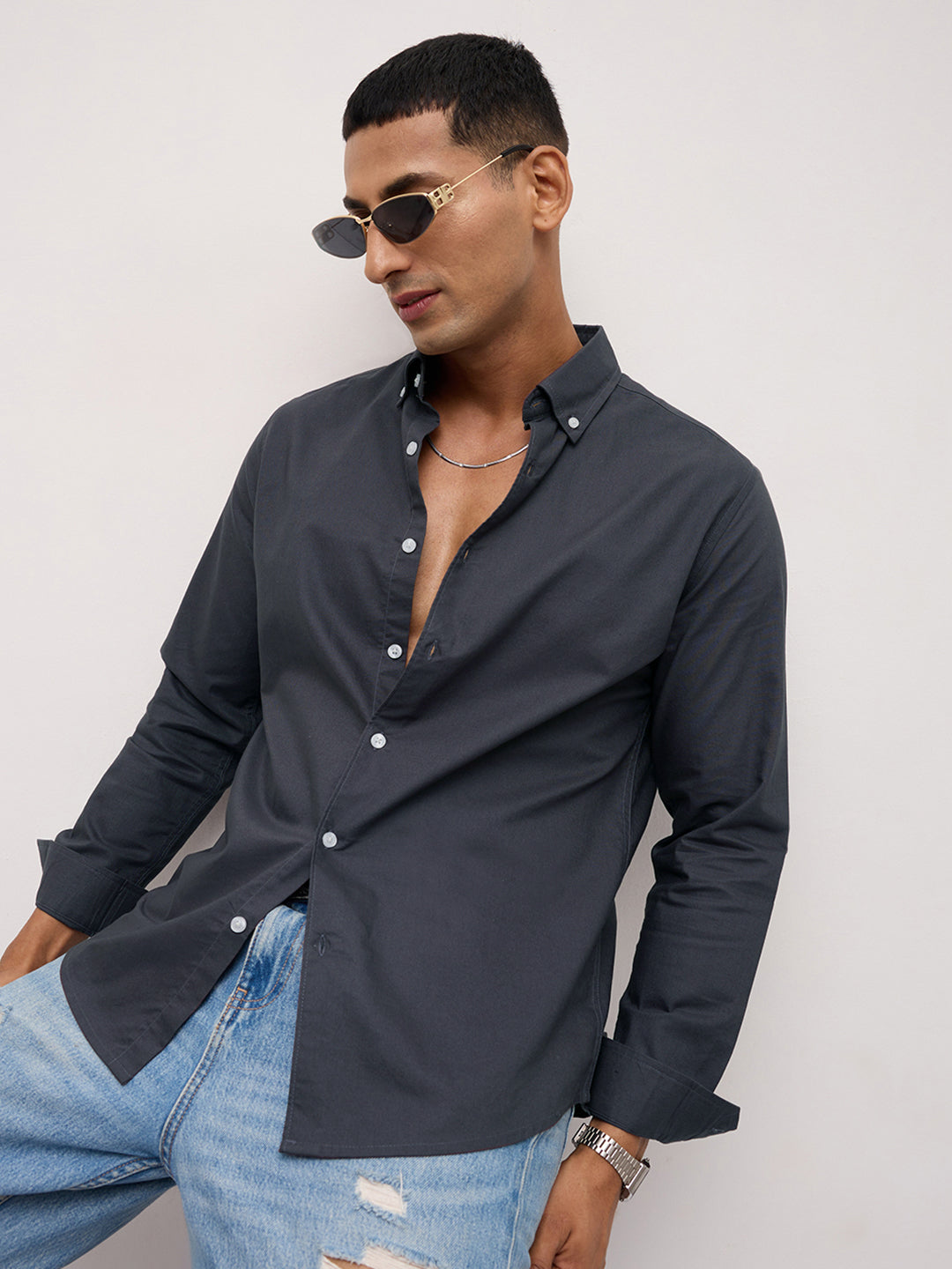 Elegant Grey Button-Down Collar Oxford Shirt
