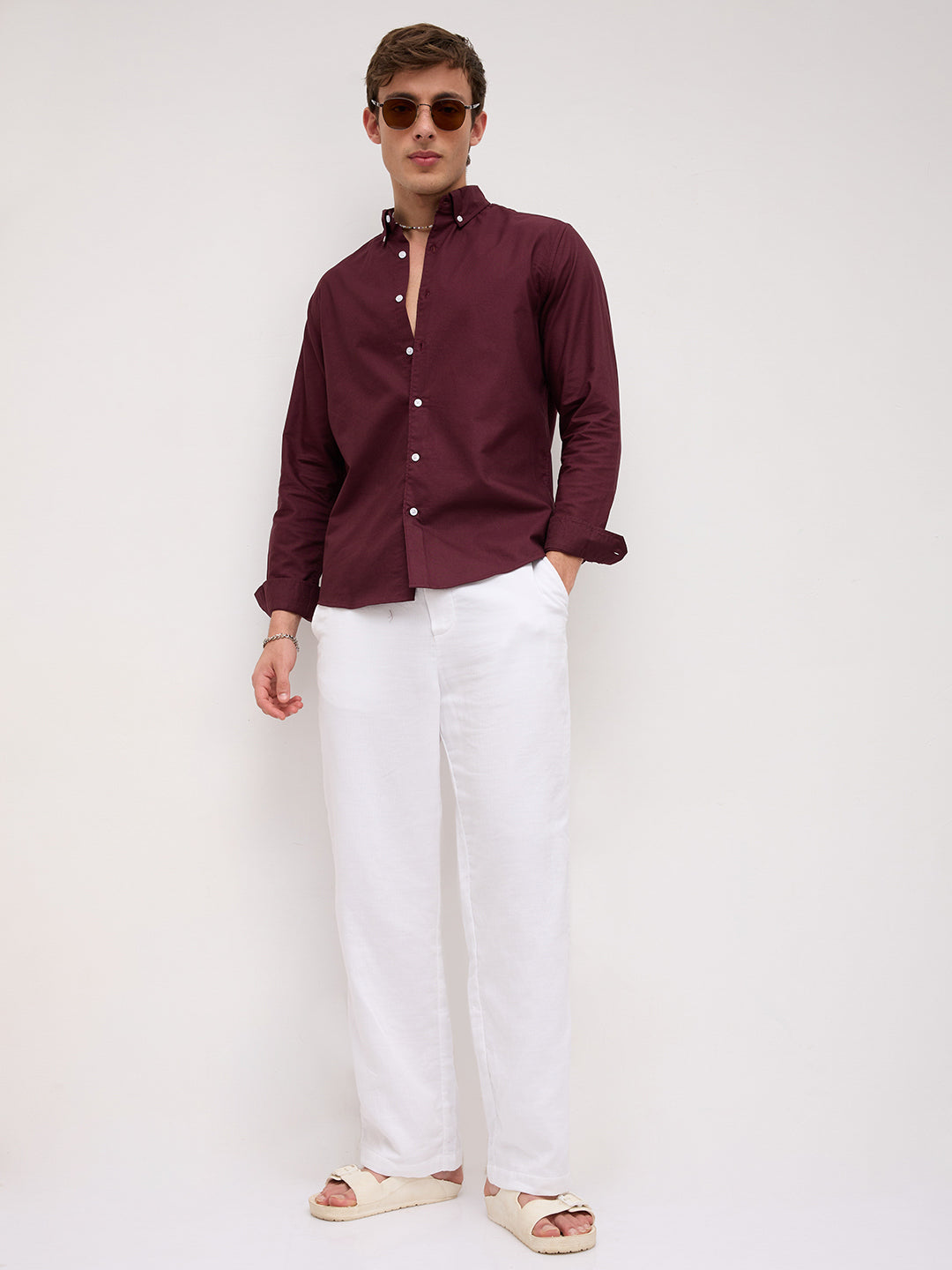 Elegant Wine Oxford Button-Down Collar Business Shirt