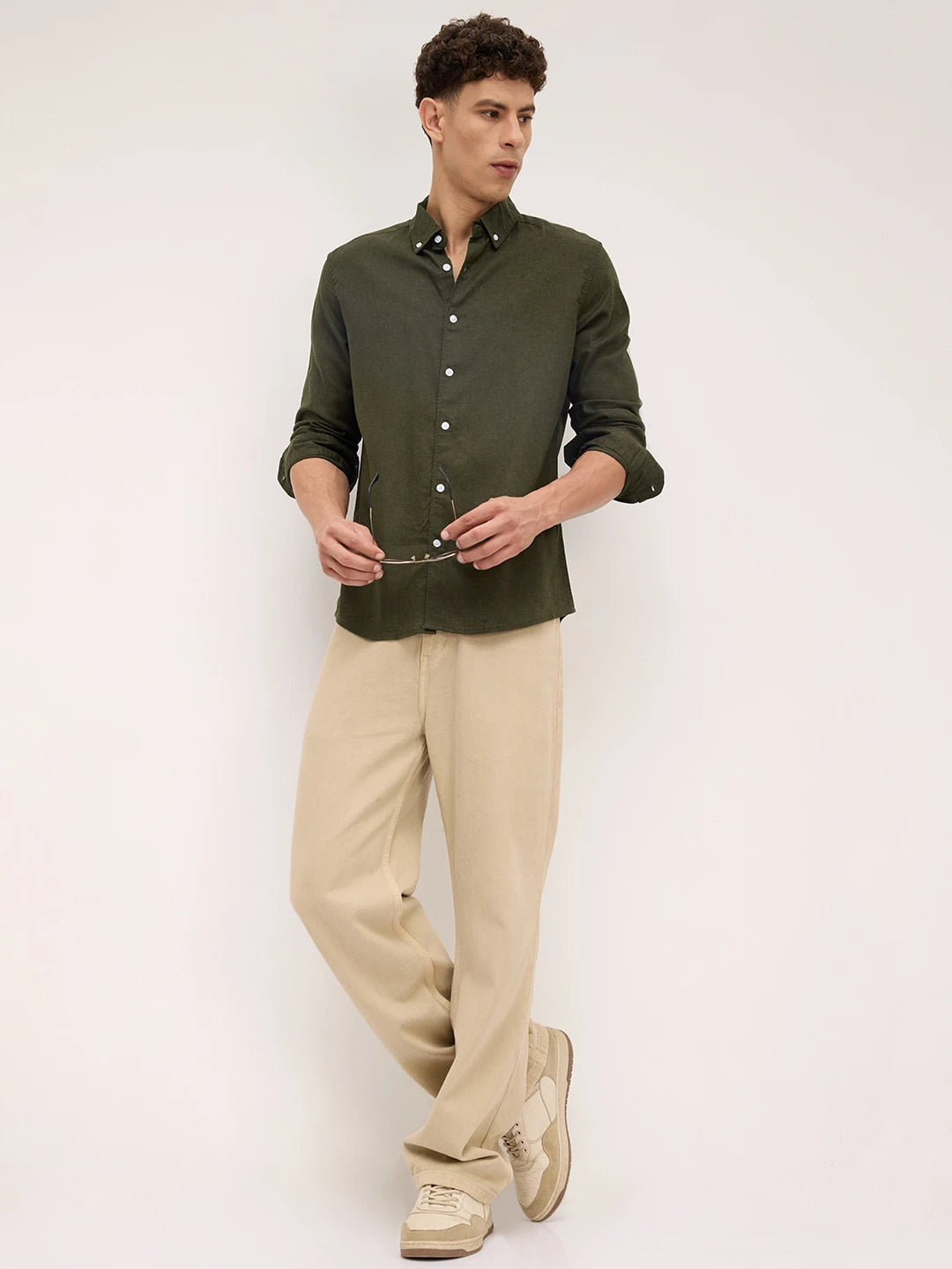 Forest Green Button-Down Collar Linen Blend Shirt