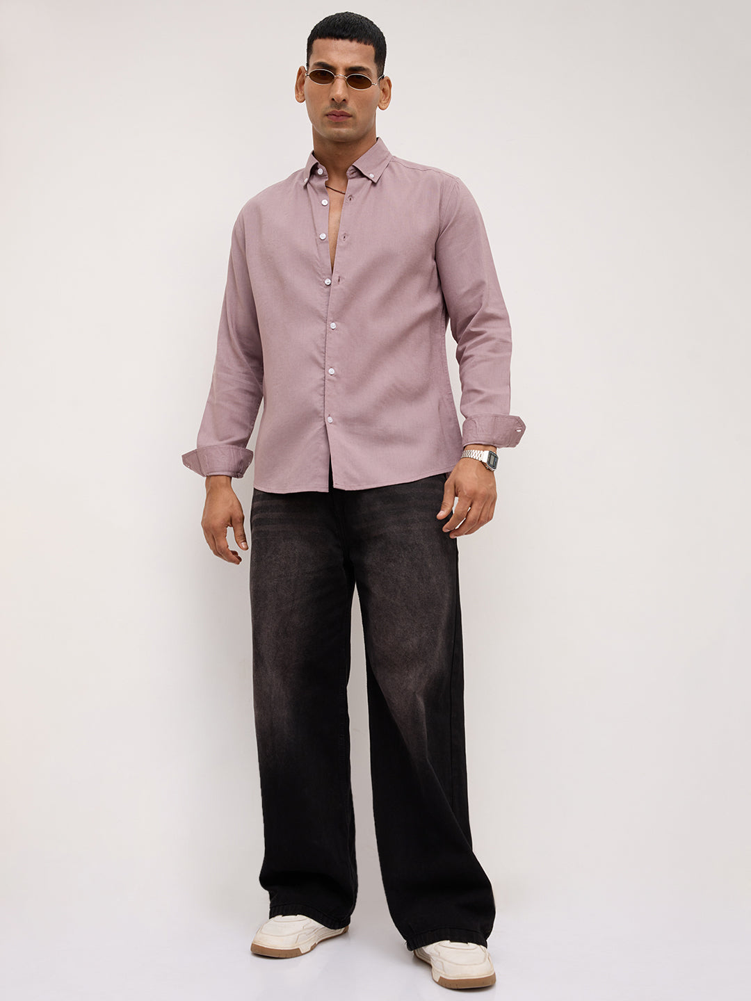 Luxe French Lilac Button-Down Collar Linen Blend Shirt