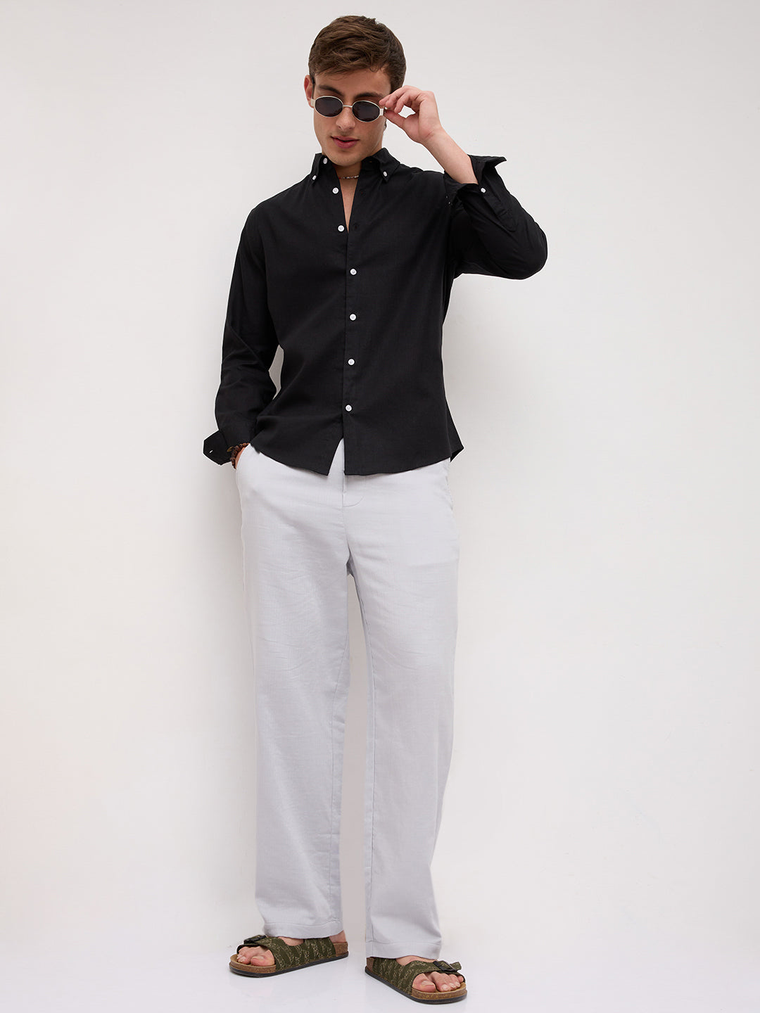 Luxe Black Button-Down Collar Linen Blend Shirt