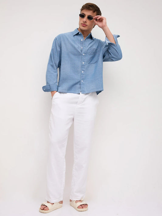 Luxe Denim Checks Boxy Fit Crop Shirt