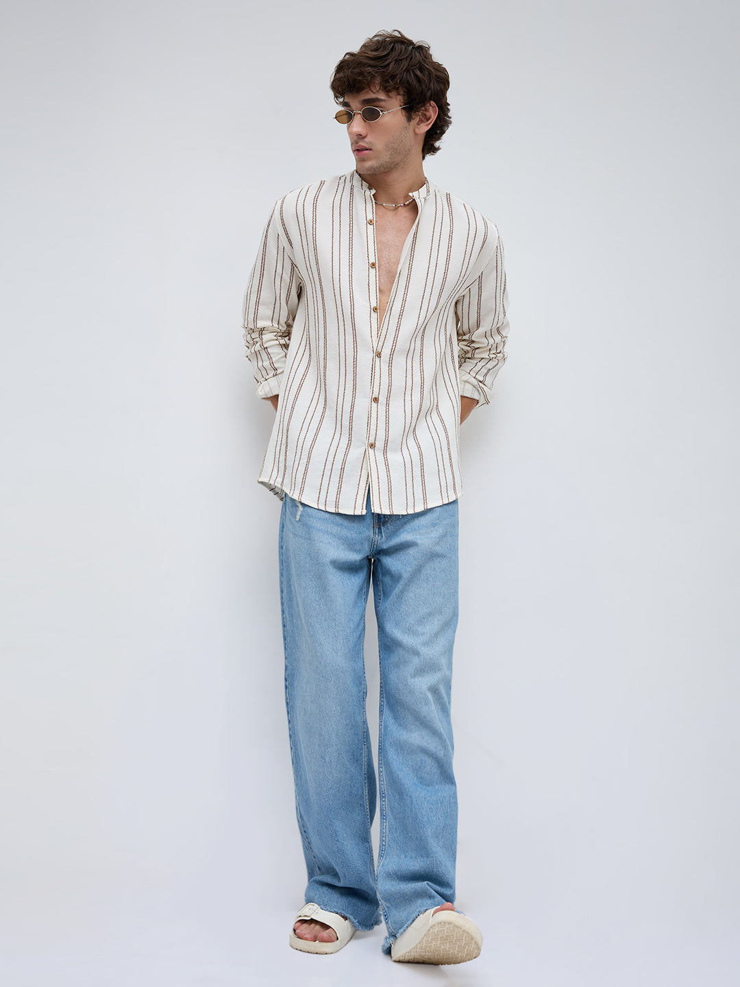 Off White & Olive Embroidered Striped Mandarin Shirt
