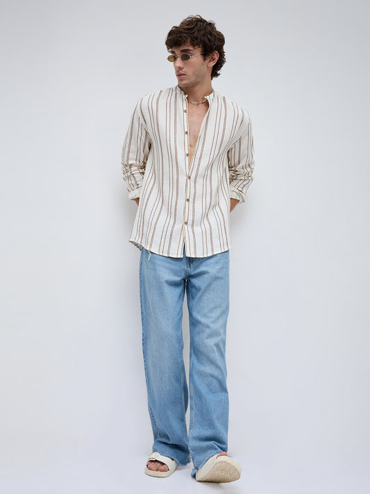 Off White & Brown Embroidered Striped Mandarin Shirt