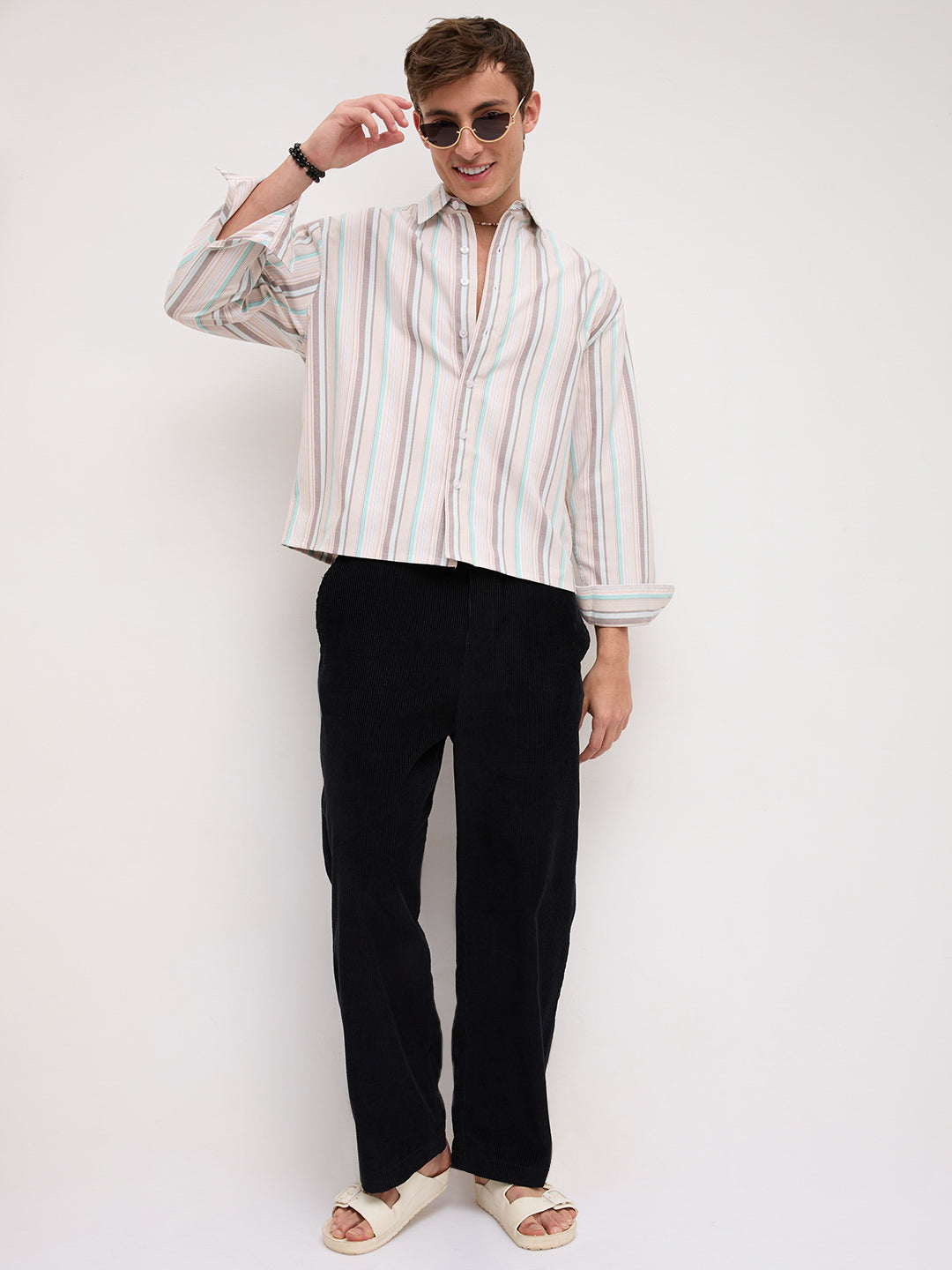 Sunwashed Multi Stripe Weave Boxy Fit Crop Shirt