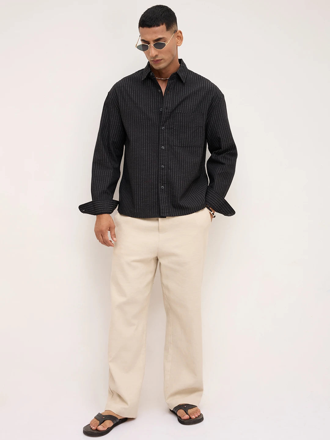 Denim Black Windowpane Textured Boxy Fit Crop Shirt