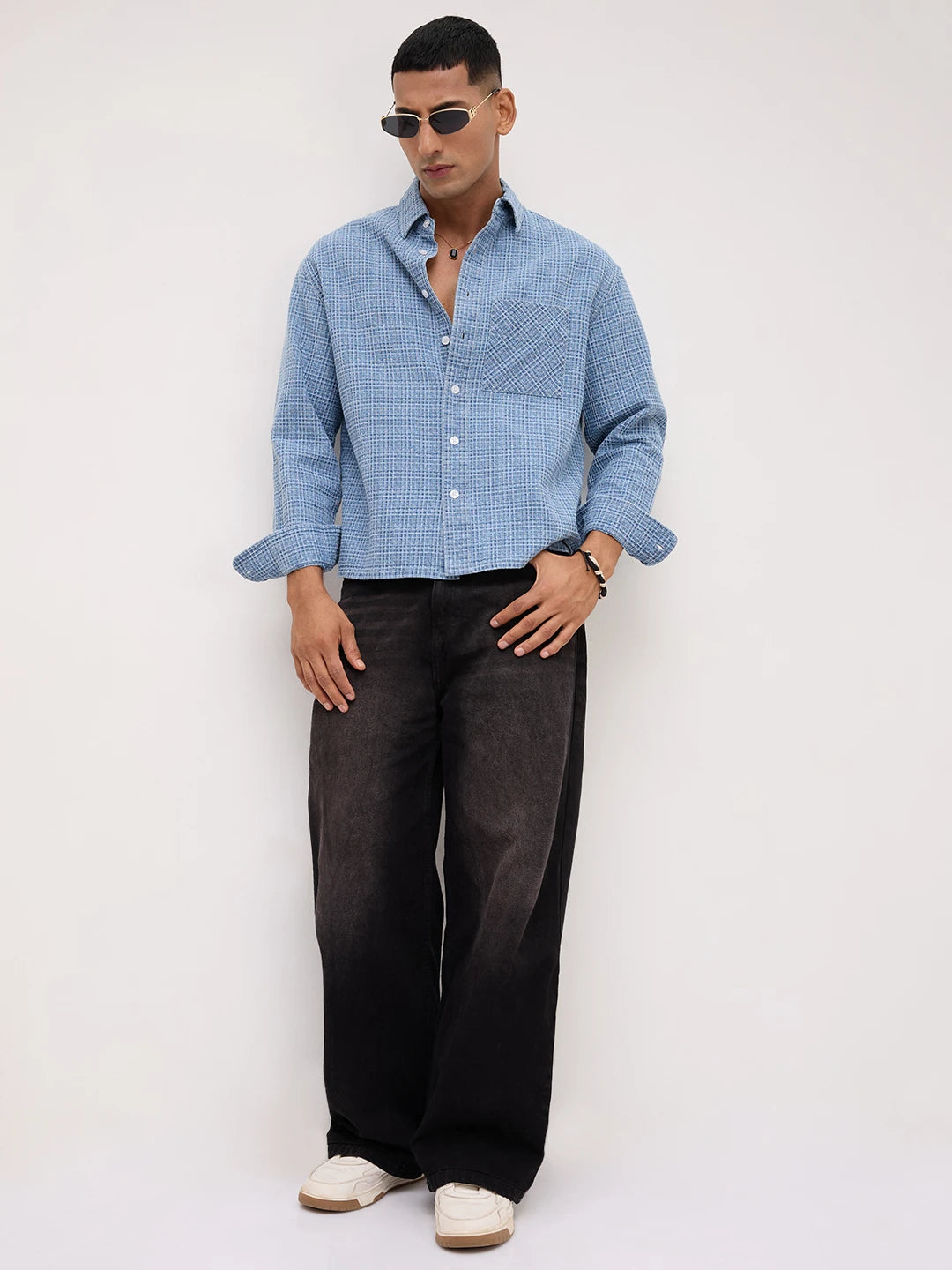 Abstract Denim Crosshatch Woven Boxy Fit Crop Shirt