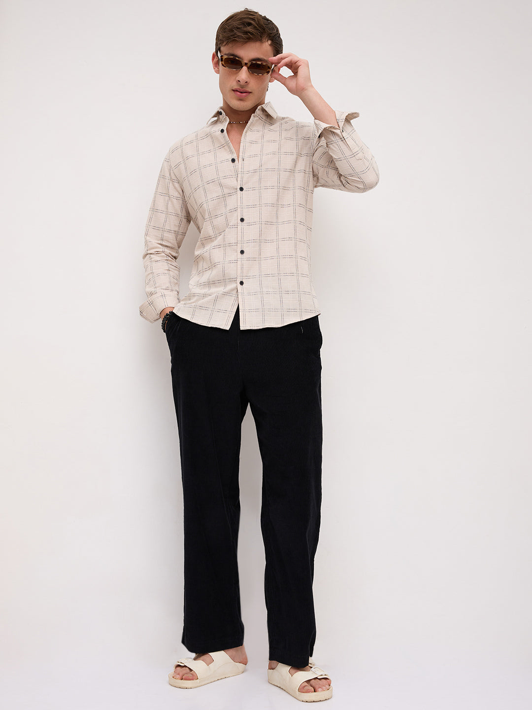Beige & Black Gridline Graph Textured Checks Shirt
