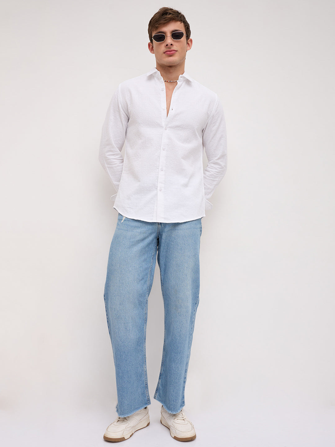 Plush Pearl White Ledger Checks Double Cloth Shirt
