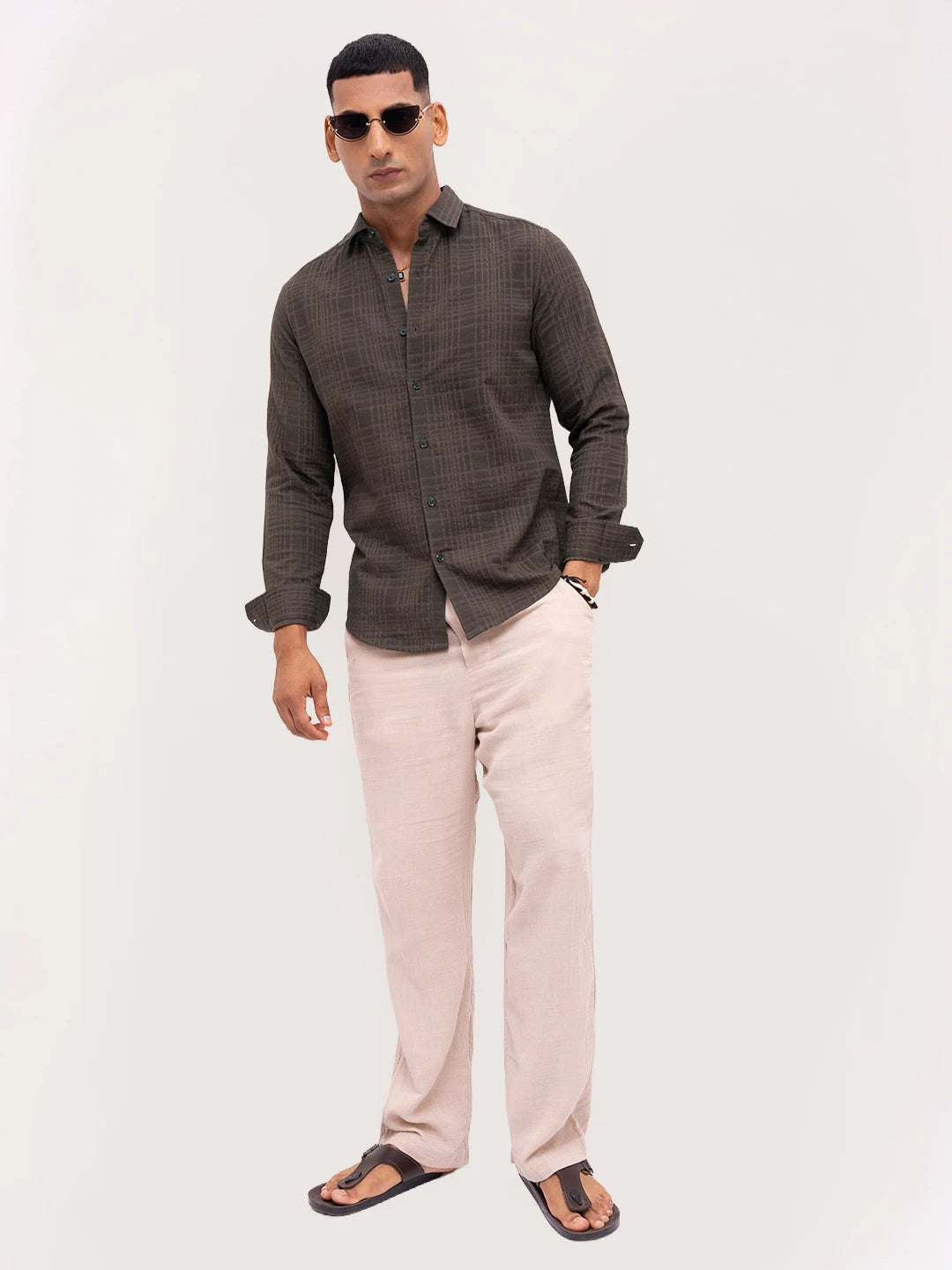 Coffee Brown Ledger Checks Double Cloth Shirt