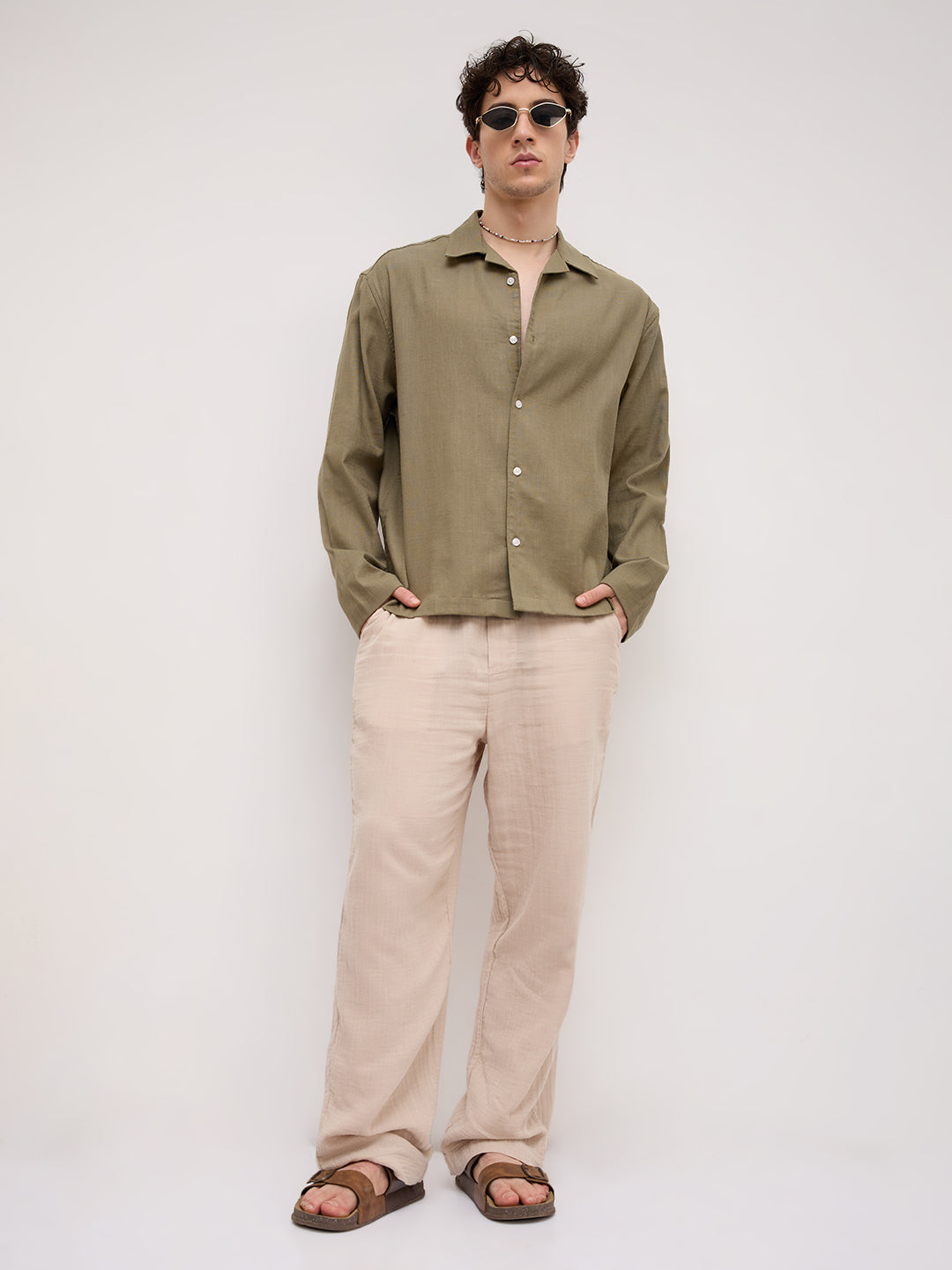 Olive Green Notch Collar Oversized Shirt