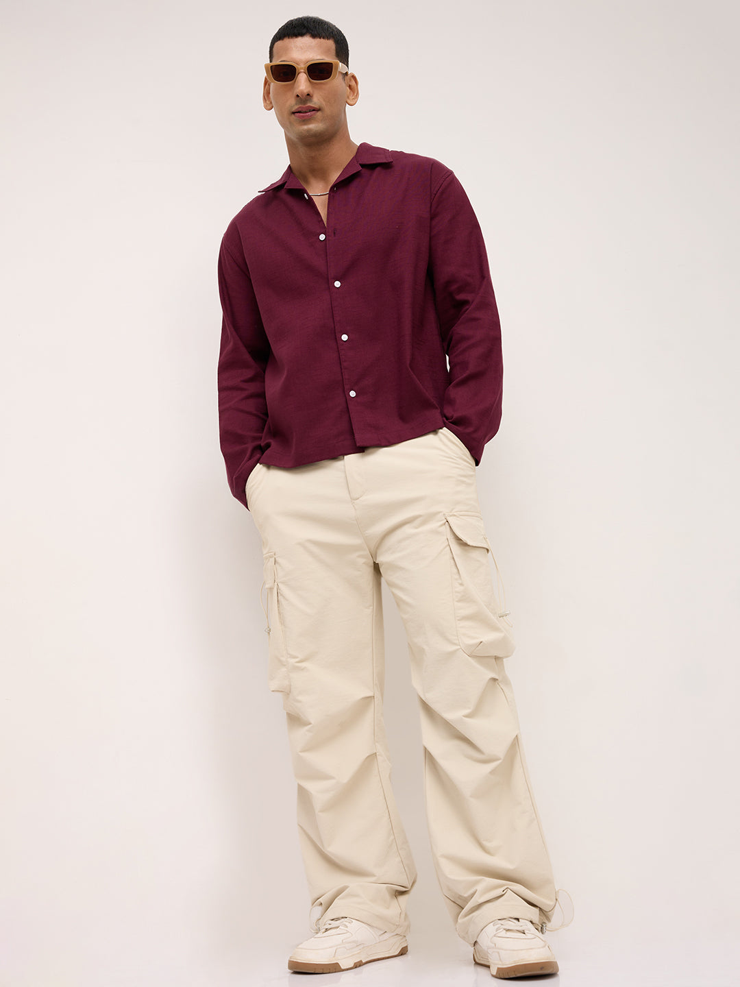 Maroon Fine Sheer Slub Textured Oversized Resort Collar Shirt
