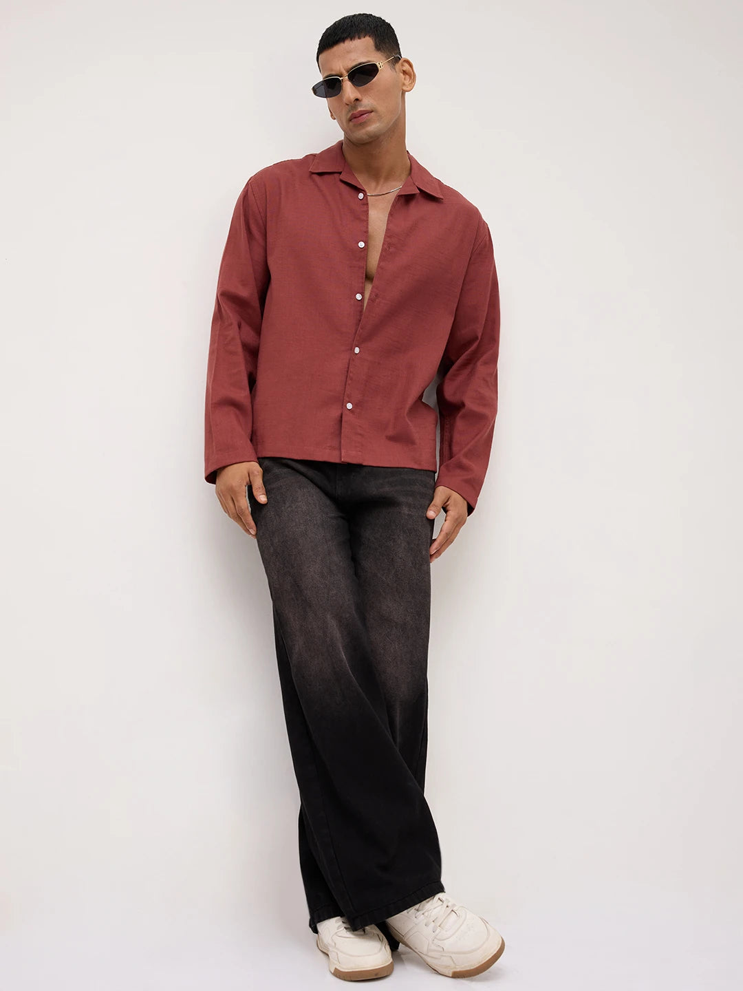 Rust Fine Sheer Slub Textured Oversized Resort Collar Shirt