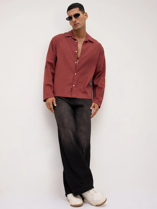 Rust Fine Sheer Slub Textured Oversized Resort Collar Shirt