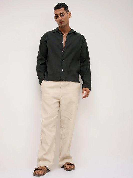 Forest Green Fine Sheer Slub Textured Oversized Notch Collar Shirt