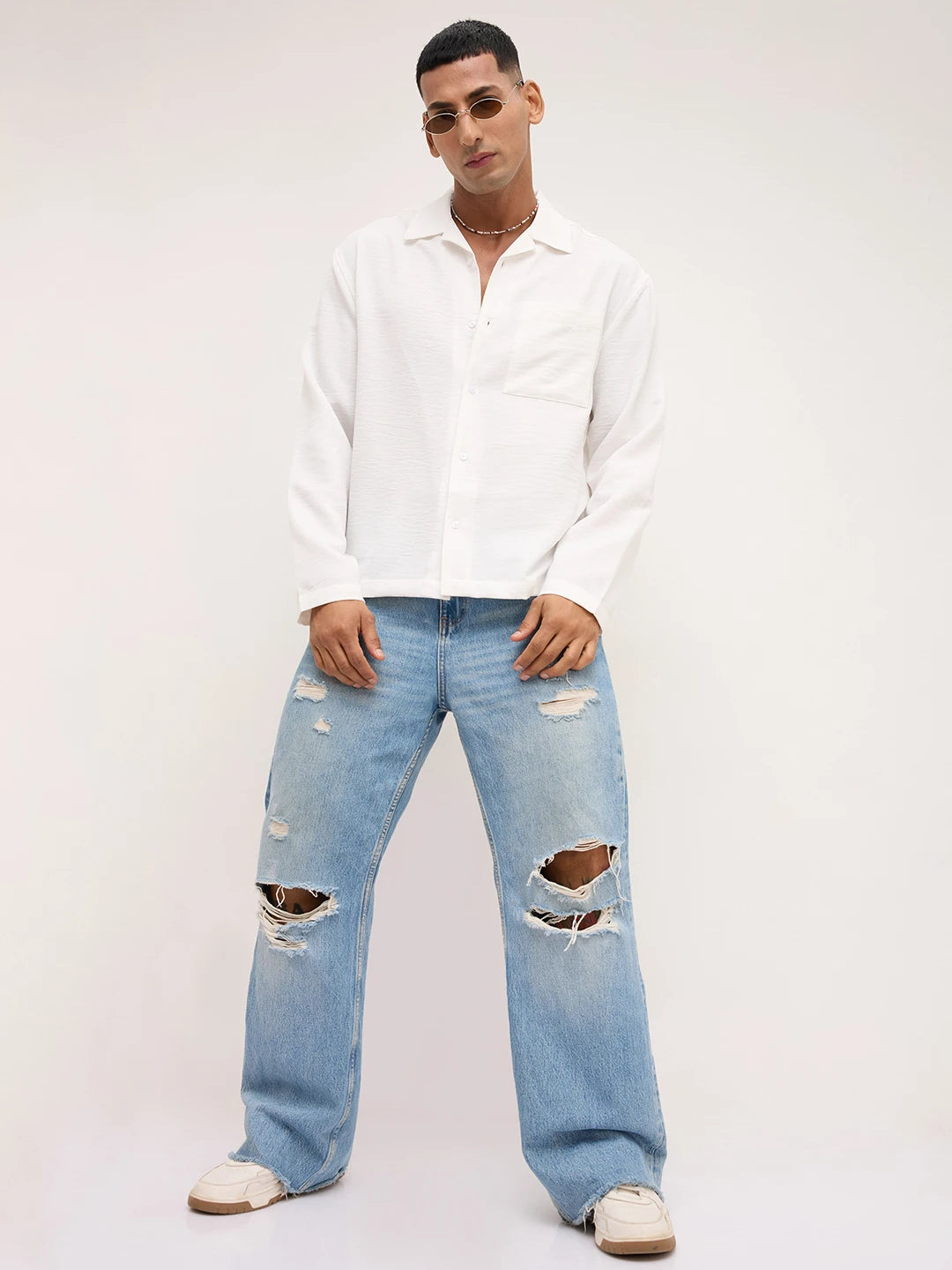 Pearl White Crinkled Notch Collar Oversized Shirt