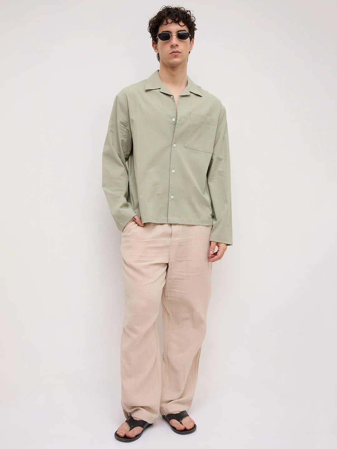 Pistachio Green Fine Textured Notch Collar Oversized Shirt