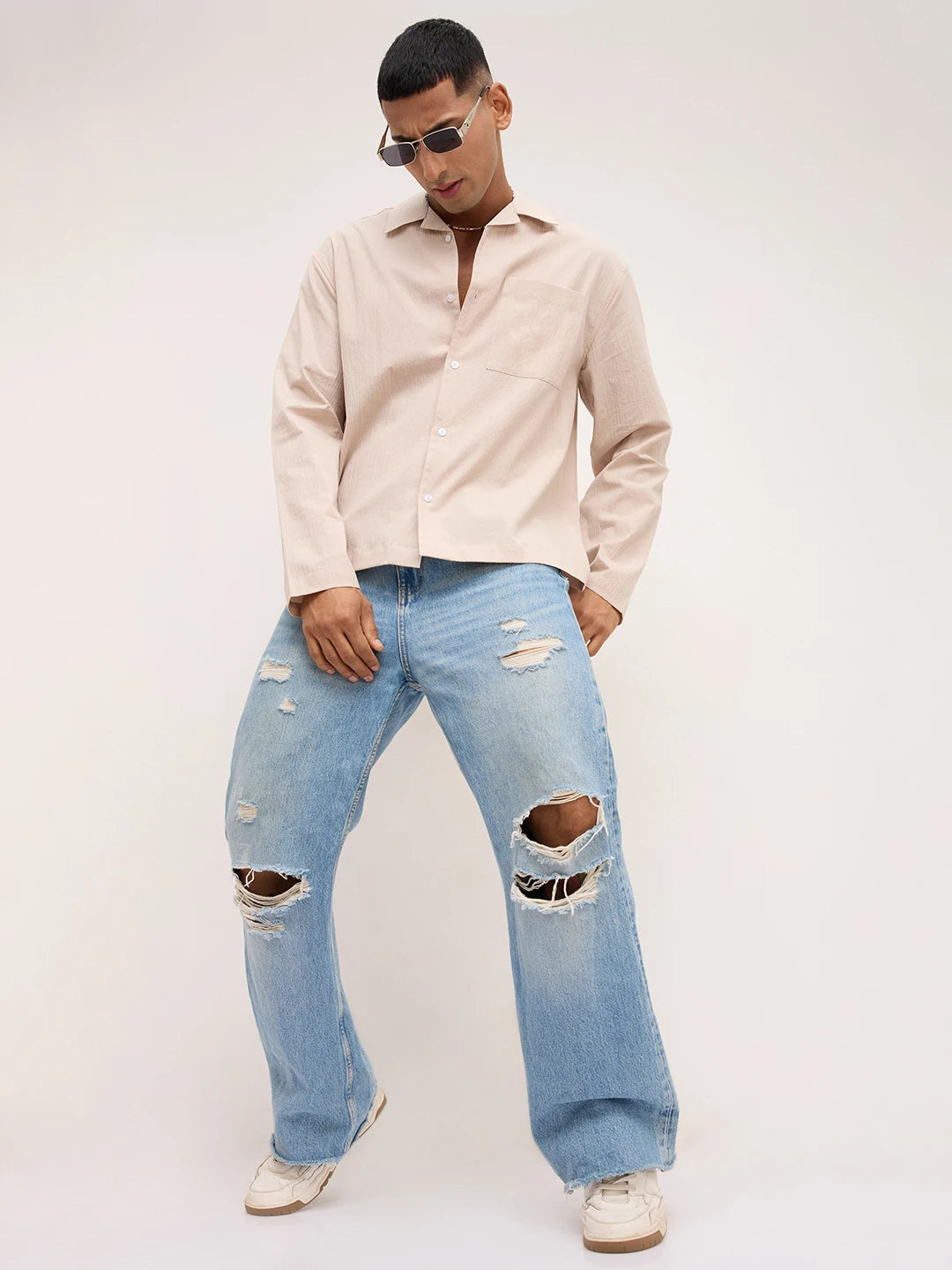 Luxe Beige Fine Textured Notch Collar Oversized Shirt