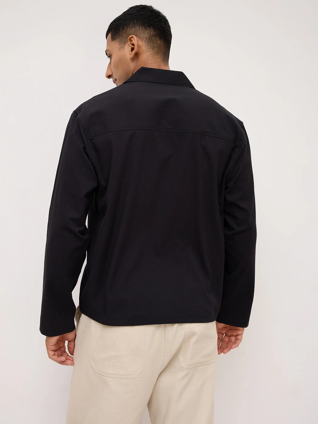 Luxe Black Fine Textured Notch Collar Oversized Shirt