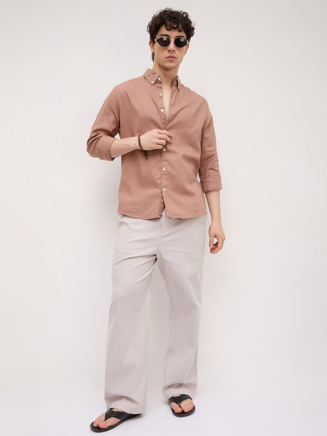 Creamy Coral Peach Button-Down Collar Linen Blend Business Shirt