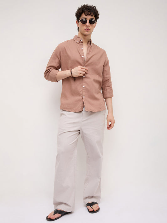 Creamy Coral Peach Button-Down Collar Linen Blend Business Shirt