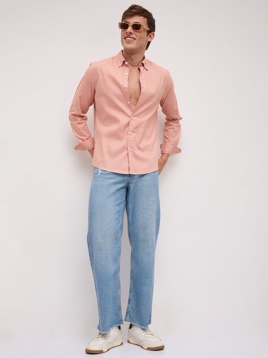 Pearl Pink Oxford Linen Blend Button-Down Collar Shirt