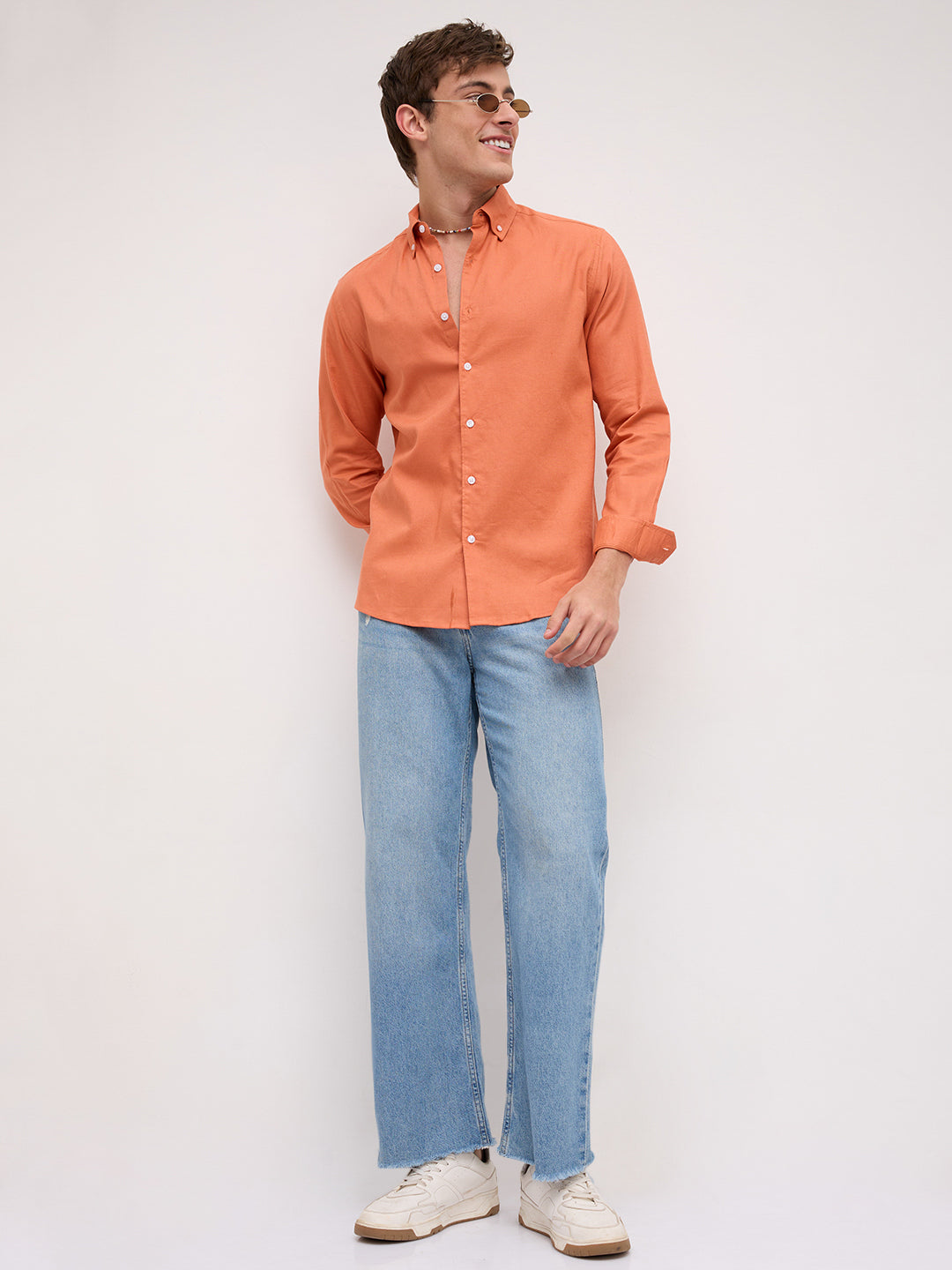 Firey Orange Oxford Linen Blend Button-Down Collar Shirt