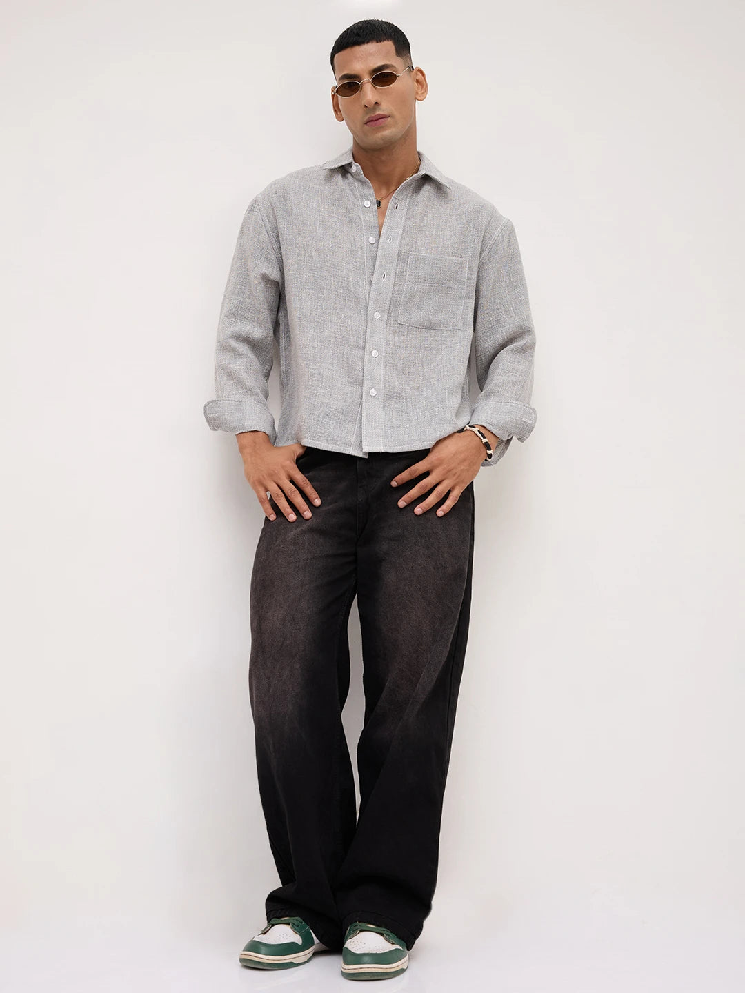 Frost Grey Crosshatch Grid Textured Boxy Fit Crop Shirt