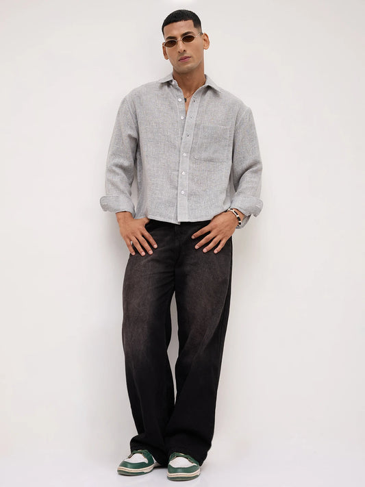 Frost Grey Crosshatch Grid Textured Boxy Fit Crop Shirt