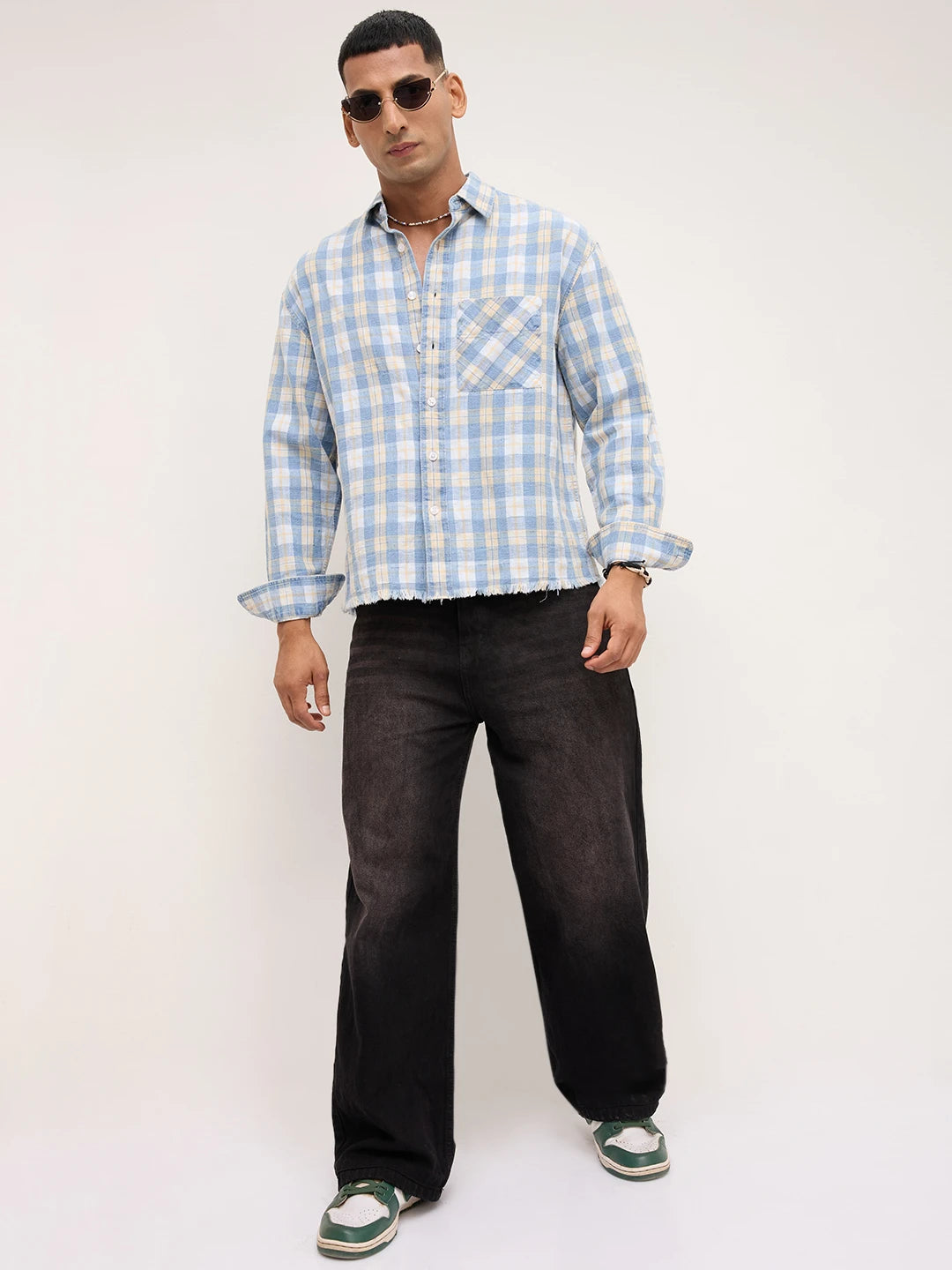 Distressed Hem Denim Vintage Explorer Checks Boxy Fit Crop Shirt