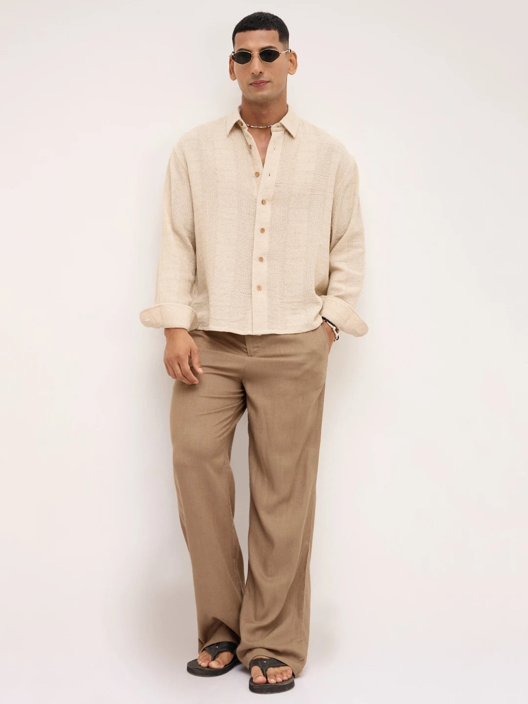 Exquisite Burlap Beige Striped Textured Boxy Fit Crop Shirt
