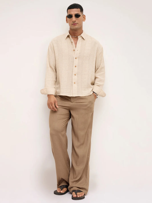 Exquisite Burlap Beige Striped Textured Boxy Fit Crop Shirt