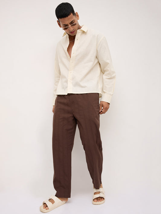Ivory Sheer Slub Textured Boxy Fit Crop Shirt