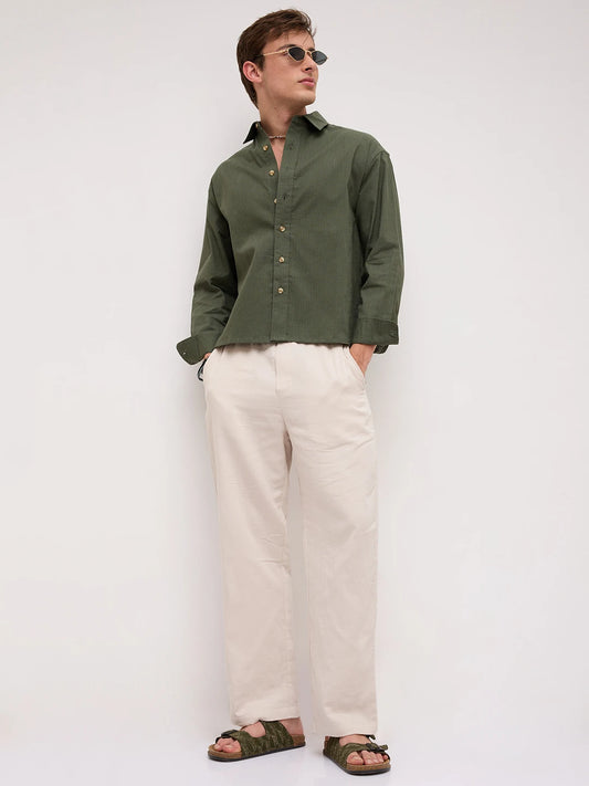 Forest Green Sheer Slub Striped Boxy Fit Crop Shirt
