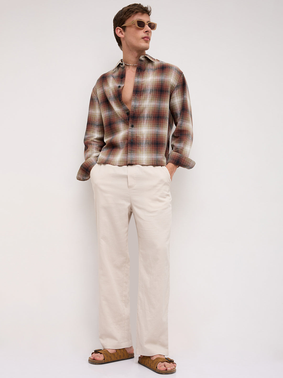 Brown & White Plaid Checks Boxy Fit Crop Shirt