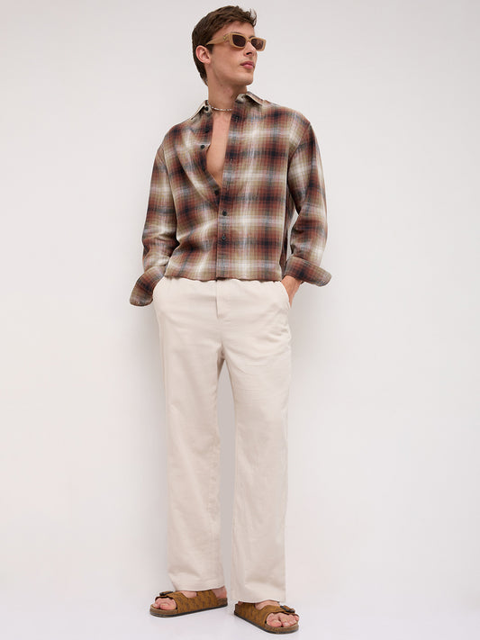 Brown & White Plaid Checks Boxy Fit Crop Shirt