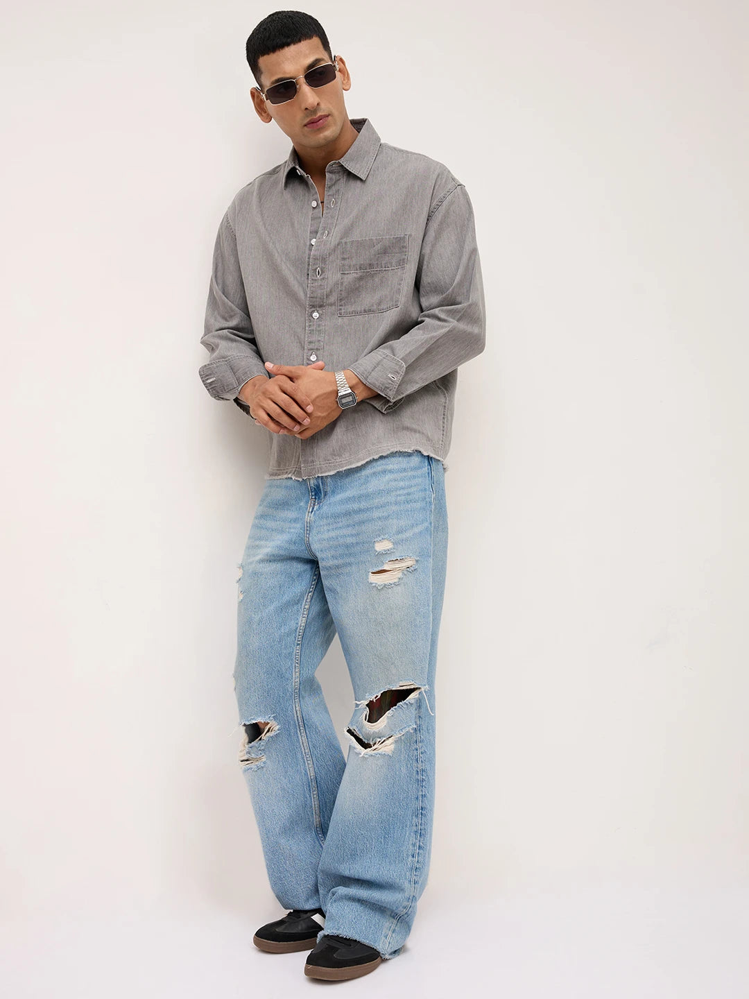 Refined Stonewashed Grey Boxy Fit Crop Shirt