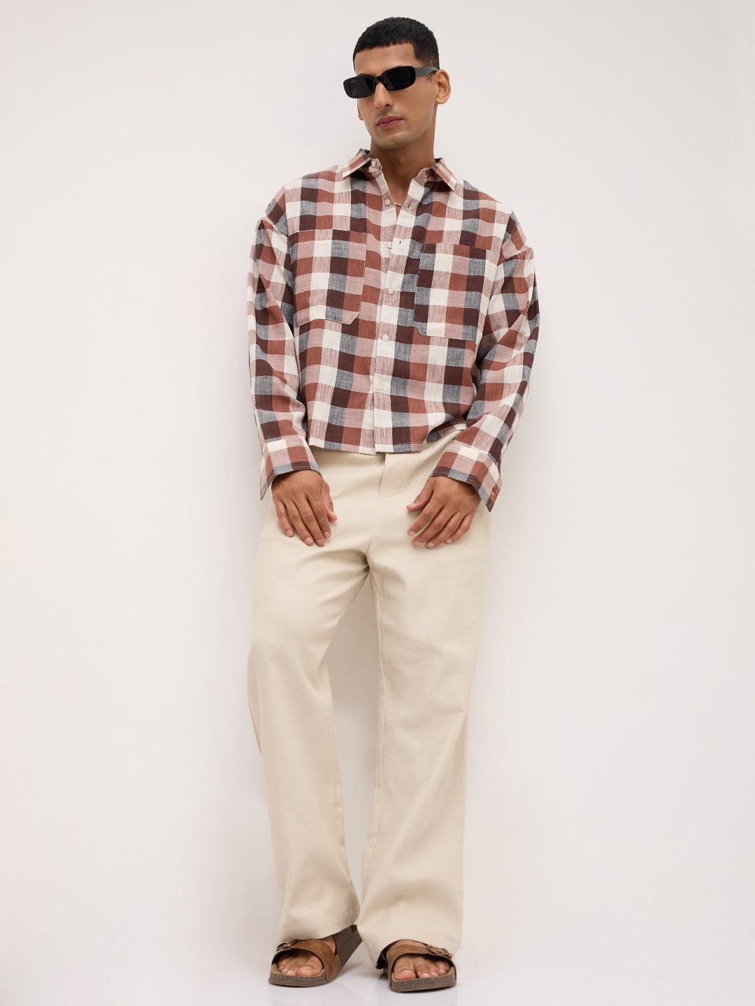 Elevated Maroon Block Checks Twin Pocket Boxy Fit Crop Shirt