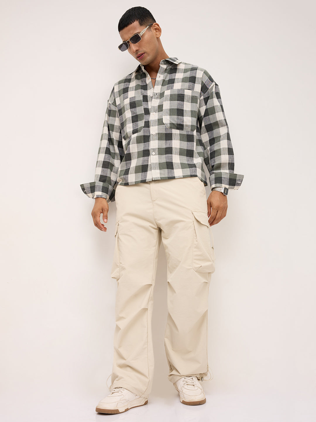 Distinguished Olive Block Checks Twin Pocket Boxy Fit Crop Shirt