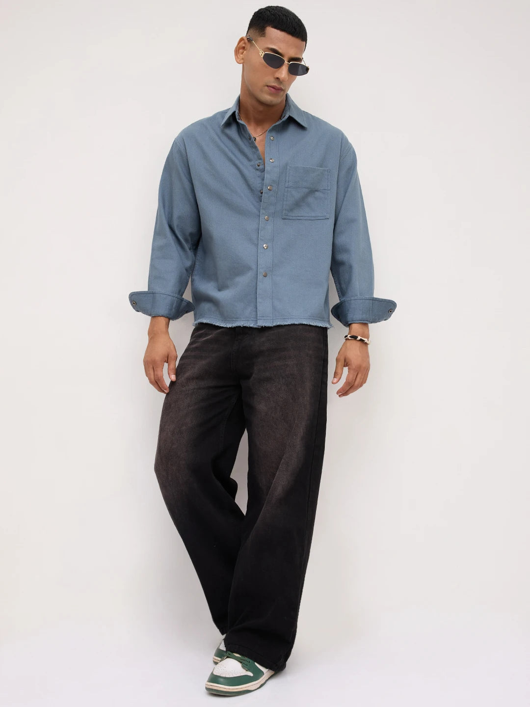 Spruce Blue Fine Textured Boxy Fit Crop Overshirt