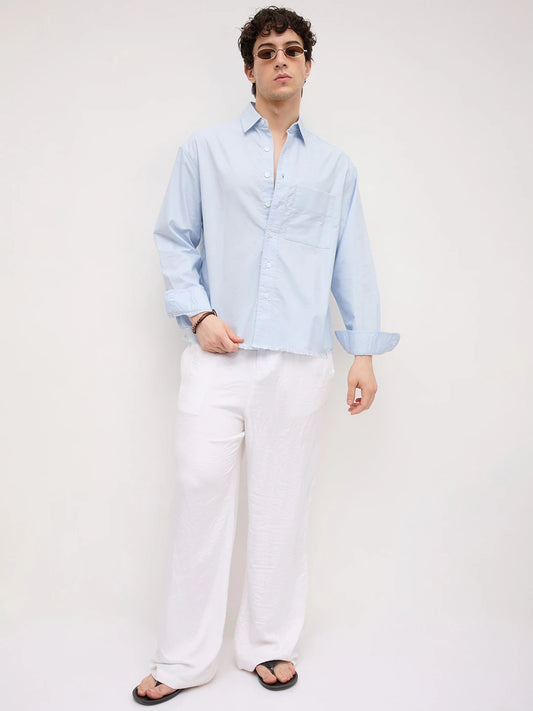 Carolina Blue Fine Textured Frayed Boxy Fit Crop Shirt
