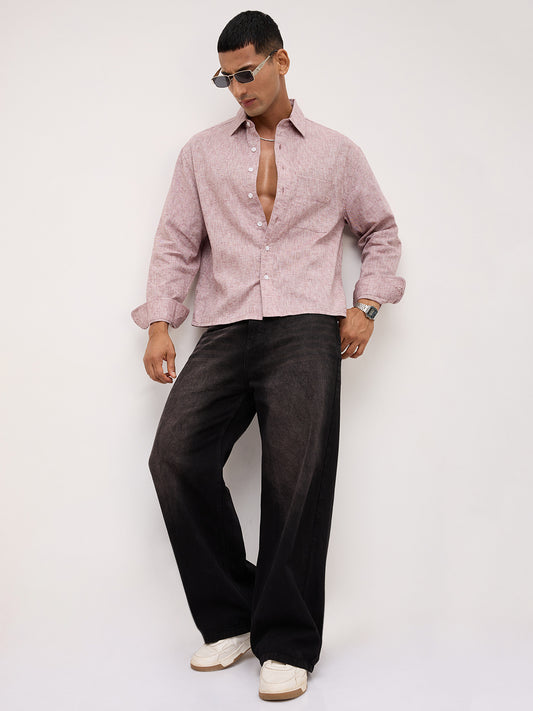 Brown Melange Textured Boxy Fit Crop Shirt