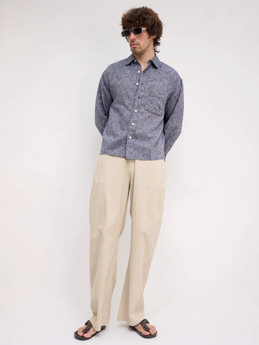 Navy Melange Textured Boxy Fit Crop Shirt