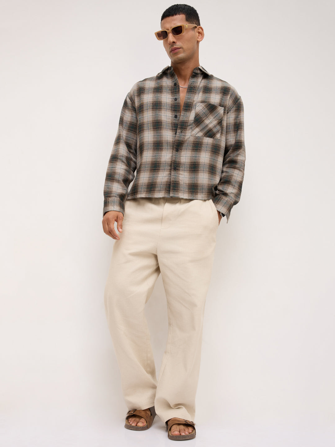 Shadow Grid Checks Multi Weave Boxy Fit Crop Shirt