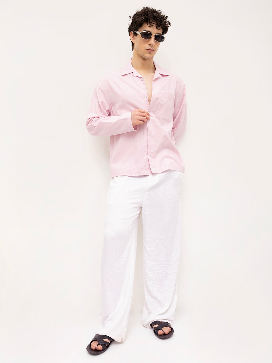 Soft Pink Linen Blend Notch Collar Oversized Shirt